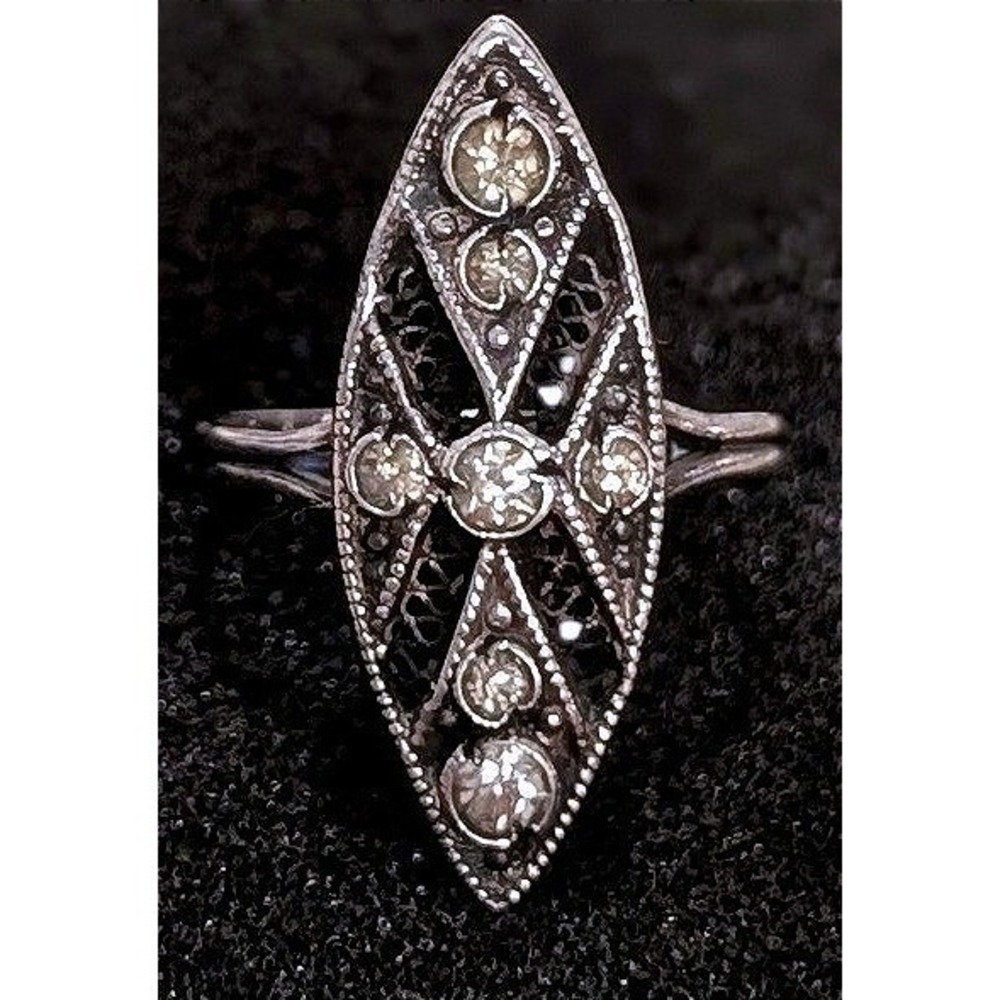 Vintage Sterling Silver Edwardian Art Deco Filigree Marquise Rhinestone Ring 6